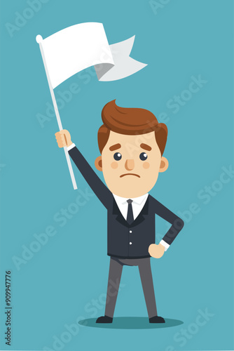 Sad Businessman Waving White Flag, Surrendering and Giving Up on Failed Business Venture