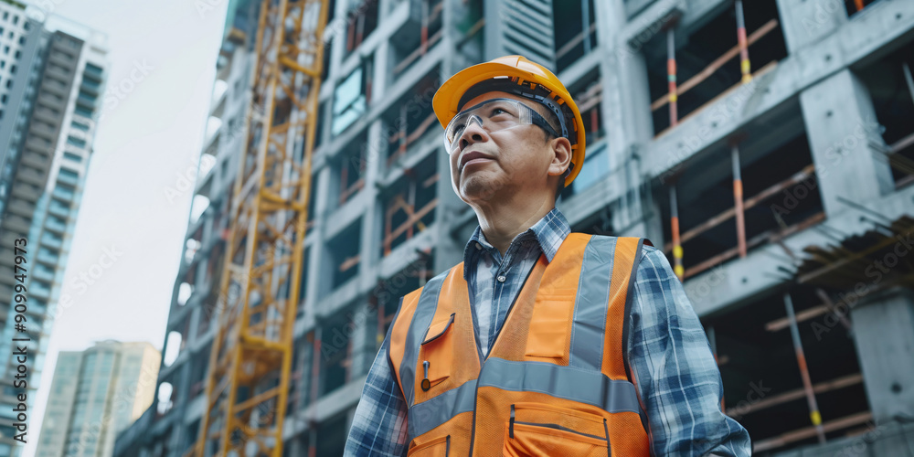 A construction worker looks up at the building under construction, showcasing the work and dedication involved in such a large project. A construction worker looks up at the building under construction, showcasing the work and dedication involved in such a large project.