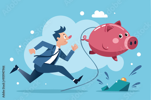Businessman Chasing Flying Deflating Piggy Bank Losing Money in Economic Crisis