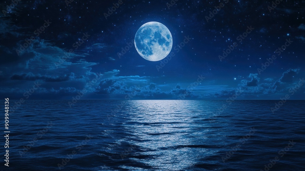 Naklejka premium Full Moon Over a Calm Sea at Night