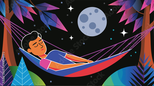 Exhausted young man sleeping in hammock under moonlight, representing the importance of rest and recovery for well-being