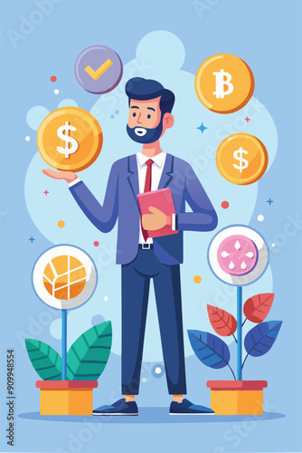 Investor evaluating cryptocurrency portfolio, analyzing Bitcoin and dollar coin balance