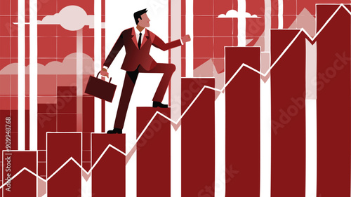 Confident Businessman Climbing Financial Graph, Investment Profit and Wealth Management Concept