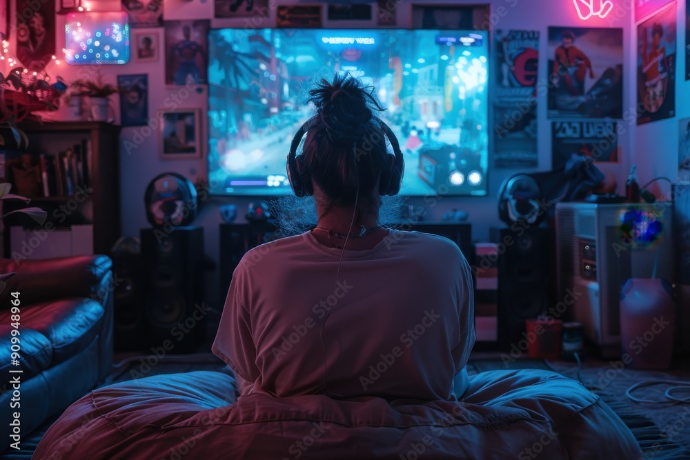 Naklejka premium An individual enjoys gaming on a large screen in a well-decorated room filled with colorful lighting and gaming paraphernalia, providing a comfortable and focused experience.