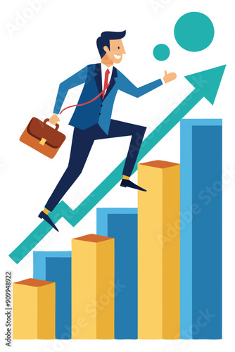 Confident Businessman Climbing Financial Graph, Investment Profit and Wealth Management Concept
