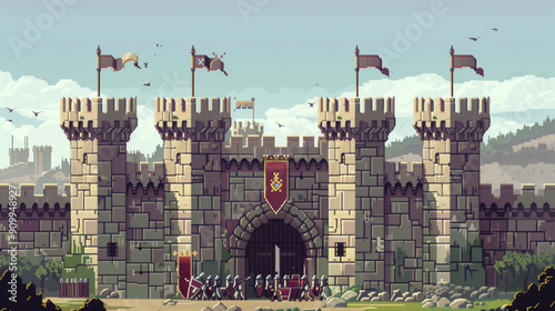 Colorful 16-bit pixel art castle perched atop an arch bridge with a scenic backdrop photo