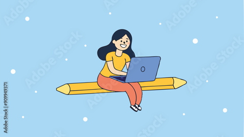 Flexible Work Concept, Cheerful Woman Enjoying Remote Work on Bent Pencil Shaped Like Laptop