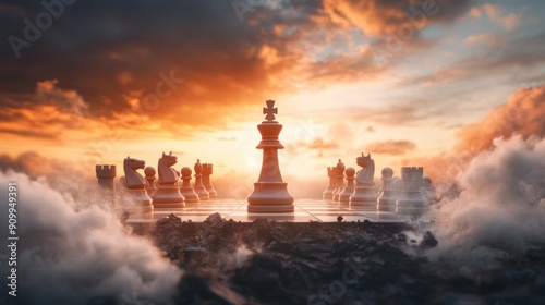 Close-up of chess pieces on a chessboard, leader of business concept.