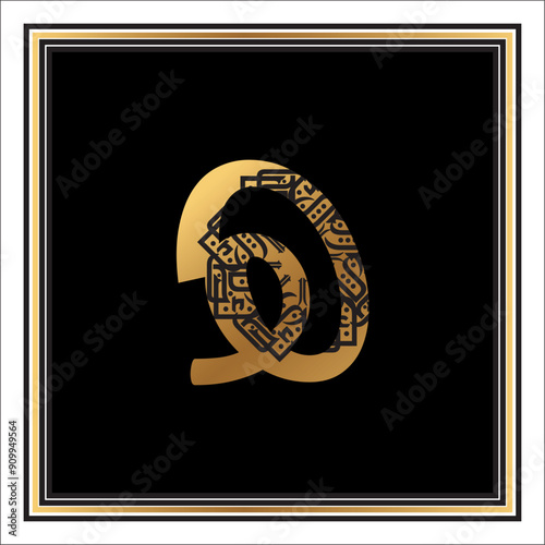 Arabic Typography font free style Riq'a style on thuluth round circle alphabet design on golden and black background