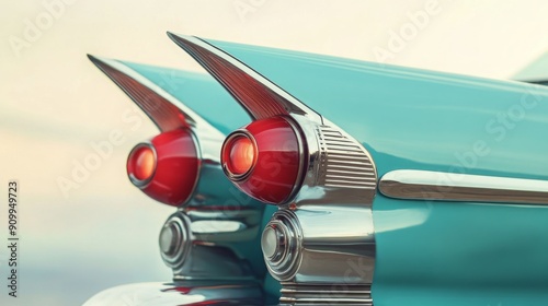 Two iconic tail lights of a classic vintage car gleam brightly as the sun sets, highlighting chrome details and the aqua blue exterior. photo