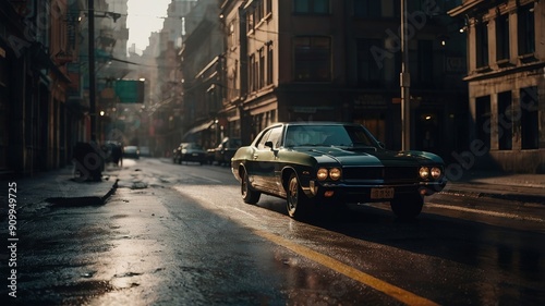 A black and green car is driving down a wet street in a city