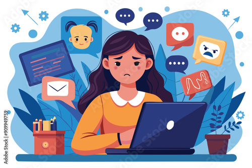 Teenage Girl Victim of Cyberbullying, Suffering from Online Harassment and Abusive Comments on Social Media Platforms