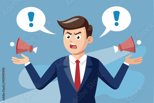 Confident businessman speaking out loud, seeking answers and support for work problems