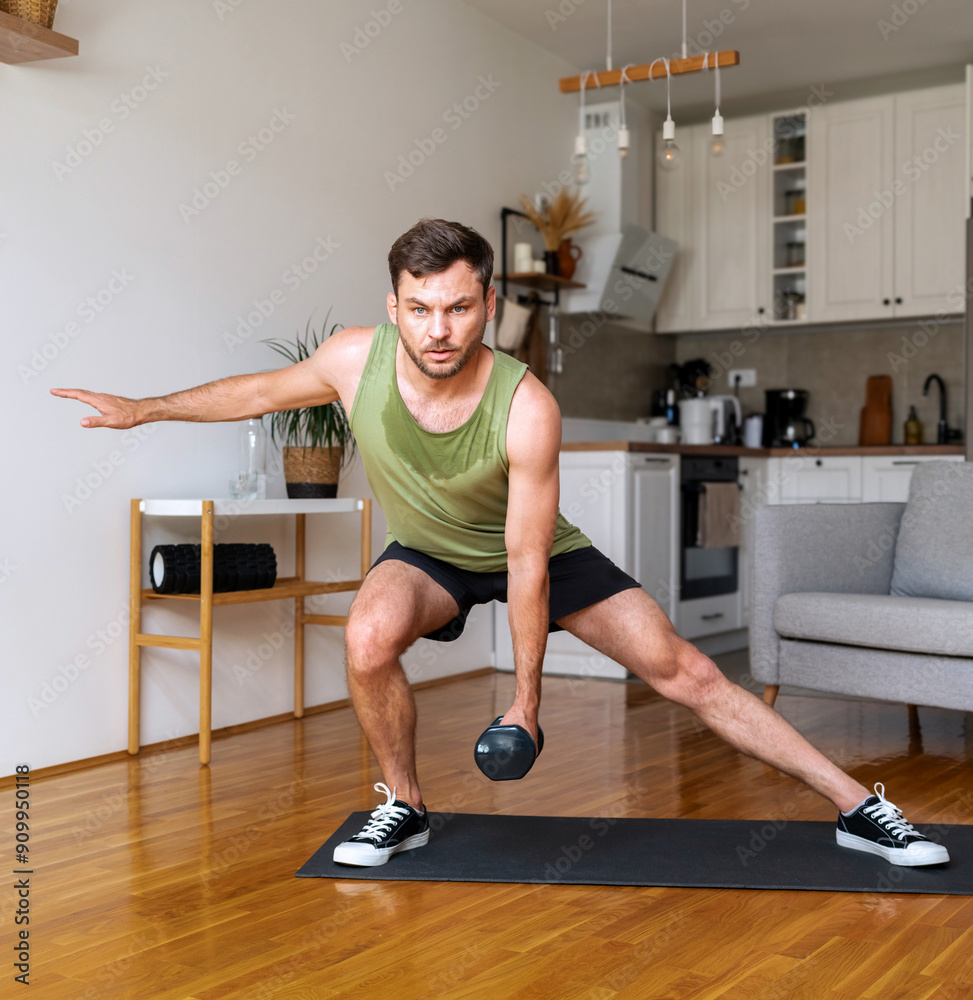 Young adult man doing home workout using dumbbells. Young adult man doing home workout using dumbbells.