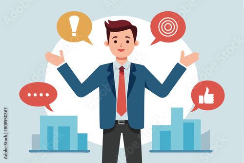 Confident businessman speaking out loud, seeking answers and support for work problems