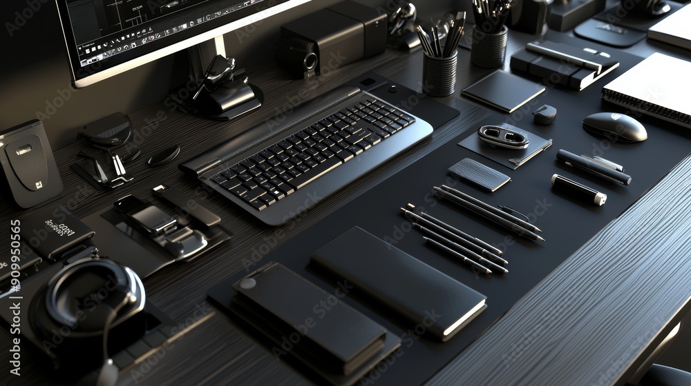 Modern Black Office Desk Setup with Gadgets and Accessories in Minimalist Style Modern Black Office Desk Setup with Gadgets and Accessories in Minimalist Style
