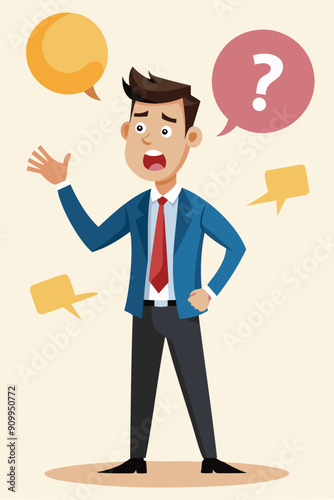 Confident businessman speaking out loud, seeking answers and support for work problems