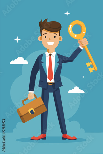 Confident Businessman Unlocking His True Potential with Golden Key for Success