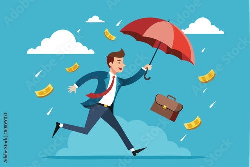 Wealthy Businessman Achieves Financial Freedom, Quits Routine Job, Flies with Umbrella and Briefcase of Money