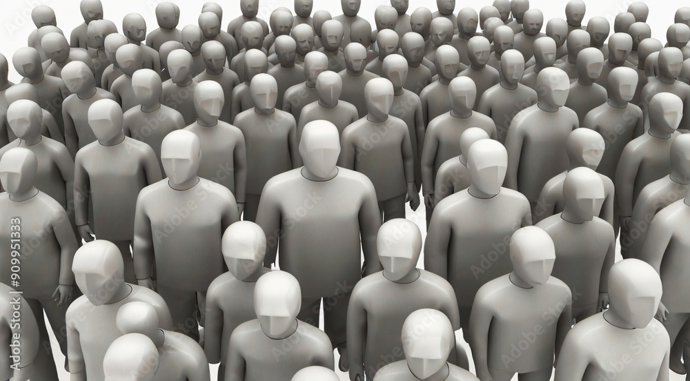 Fototapeta premium Anonymous crowd of gray 3D human figures, large group of faceless people standing together, abstract population and community concept