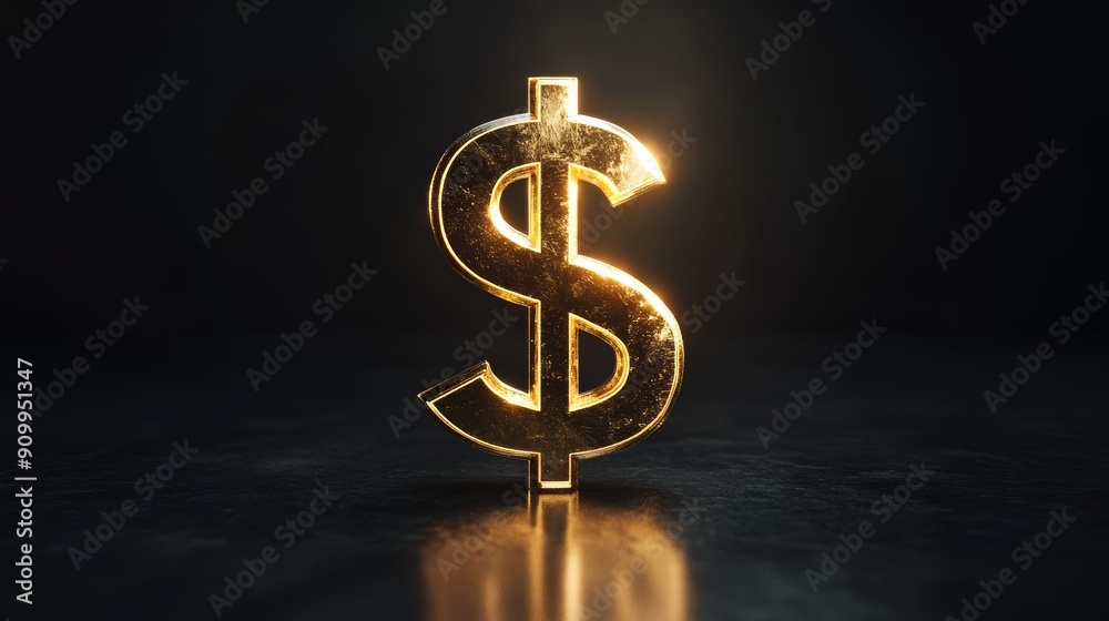 Shiny Golden Dollar Sign on Dark Background with Dramatic Lighting and Reflections Shiny Golden Dollar Sign on Dark Background with Dramatic Lighting and Reflections