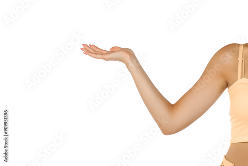 a bent female hand holds an imaginary object on a white background