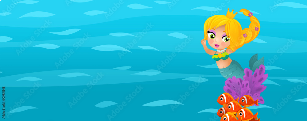 Cartoon ocean and the mermaid in underwater kingdom swimming diving illustration for kids Cartoon ocean and the mermaid in underwater kingdom swimming diving illustration for kids