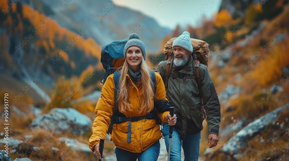 Autumn Mountain Adventure: Senior Father and Daughter Hiking Nature Trail in Fall Foliage. Generative ai Autumn Mountain Adventure: Senior Father and Daughter Hiking Nature Trail in Fall Foliage. Generative ai