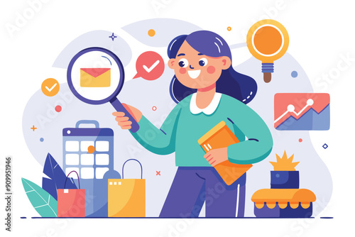 Customer Insight Optimizes Experience: Happy Shopper on Magnifying Glass Analyzing Consumer Behavior Journey