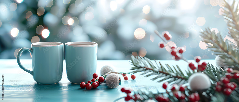 Cup or mug with cacao, hot chocolate, coffee, tea with decorations on christmas background. Happy new year or Christmas mockup.Cozy wintertime leisure. Generative ai Cup or mug with cacao, hot chocolate, coffee, tea with decorations on christmas background. Happy new year or Christmas mockup.Cozy wintertime leisure. Generative ai