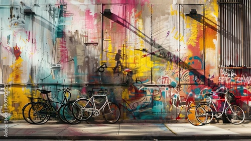 cans with spray paint and ladder near colorful graffiti on wall of building in city. AI generated illustration