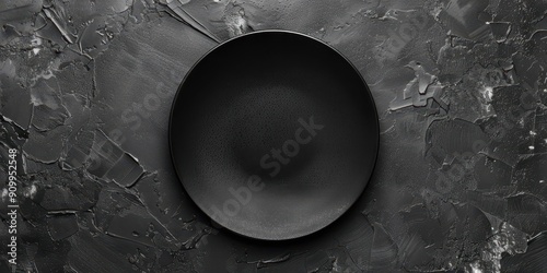 Empty black plate on a textured dark gray background, providing a sleek and minimalist backdrop perfect for food presentations and culinary concepts.