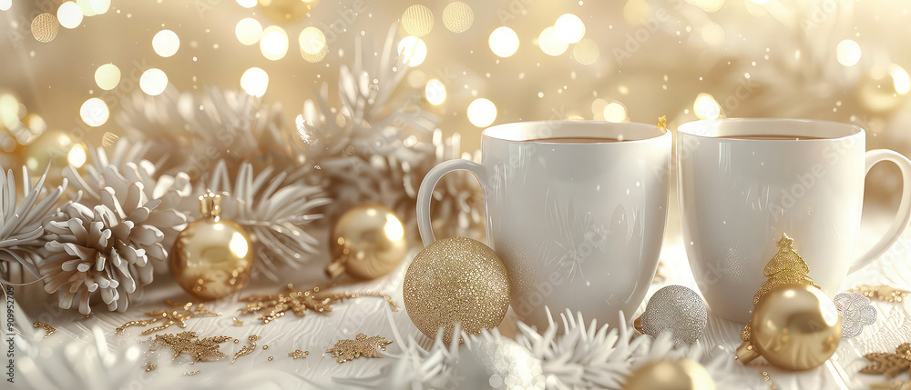 Happy new year or Christmas mockup. Ceramic white cup or mug with hot chocolate, foam, coffee, tea with decorations on christmas background. Cozy wintertime leisure. Generative ai Happy new year or Christmas mockup. Ceramic white cup or mug with hot chocolate, foam, coffee, tea with decorations on christmas background. Cozy wintertime leisure. Generative ai