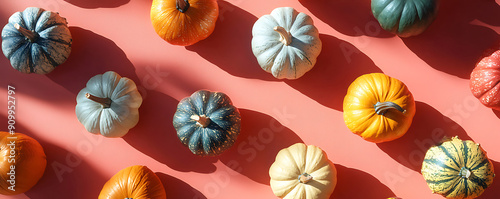 Small different Colored Pumpkins op view minimal background.