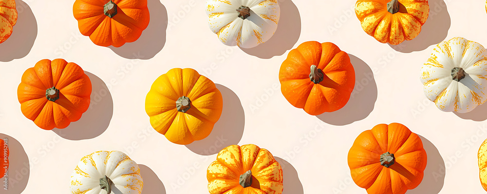 Small different Colored Pumpkins op view minimal background.
