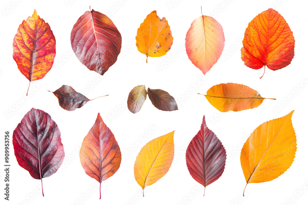Cutout collection of real colorful autumn leaves in various shapes and sizes on a transparent background Cutout collection of real colorful autumn leaves in various shapes and sizes on a transparent background
