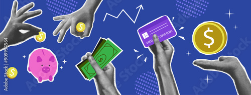 Abstract background with halftone hand hold dollar money, credit card, piggy bank. Finance concept in trendy collage style