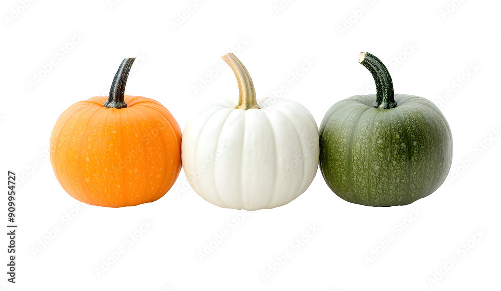 Realistic pumpkin set in vibrant orange, white, and green colors, isolated clipart for season nature food festive concept Realistic pumpkin set in vibrant orange, white, and green colors, isolated clipart for season nature food festive concept