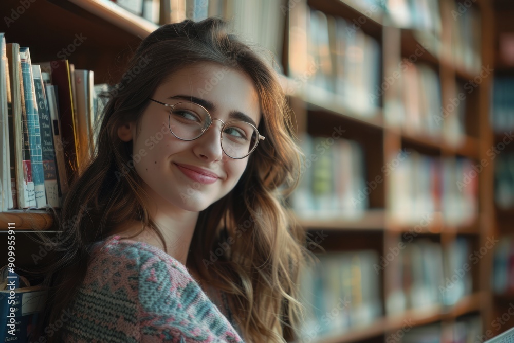 A young female student is happily reading a book in the school library. A young female student is happily reading a book in the school library.