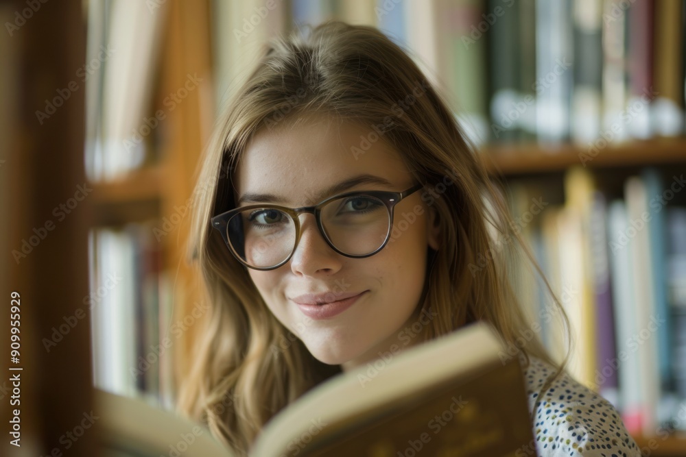 A young female student is happily reading a book in the school library. A young female student is happily reading a book in the school library.