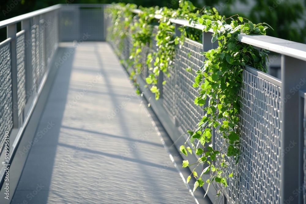 A contemporary grey pedestrian bridge with smooth surfaces and geometric railings is punctuated by a single, vivid green plant hanging from the railing. A contemporary grey pedestrian bridge with smooth surfaces and geometric railings is punctuated by a single, vivid green plant hanging from the railing.