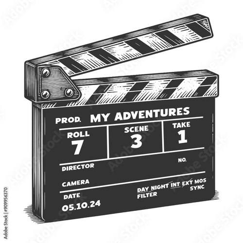 film clapperboard labeled My Adventures, indicating production details sketch engraving generative ai vector illustration. Scratch board imitation. Black and white image.