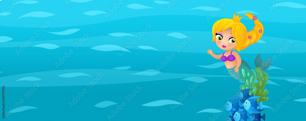 Φωτογραφία Cartoon ocean and the mermaid in underwater kingdom swimming diving illustration