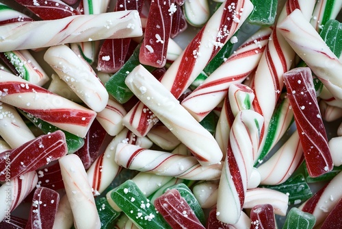 Pile of red and green candy canes making christmas background photo