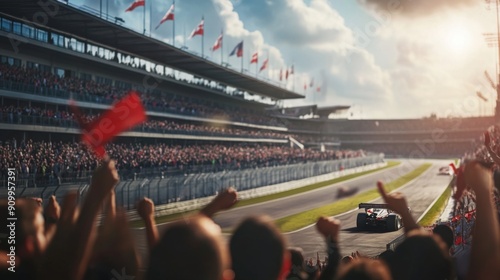 Fans wave flags and cheer loudly as racing cars accelerate around the track during an exciting grand prix event.