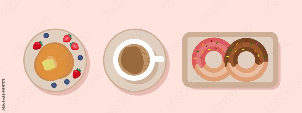 illustration of a coffee menu set with sweet donuts and pancakes