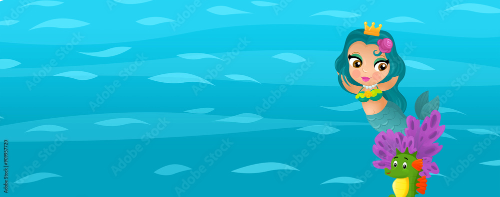 Cartoon ocean and the mermaid in underwater kingdom swimming diving illustration for kids Cartoon ocean and the mermaid in underwater kingdom swimming diving illustration for kids