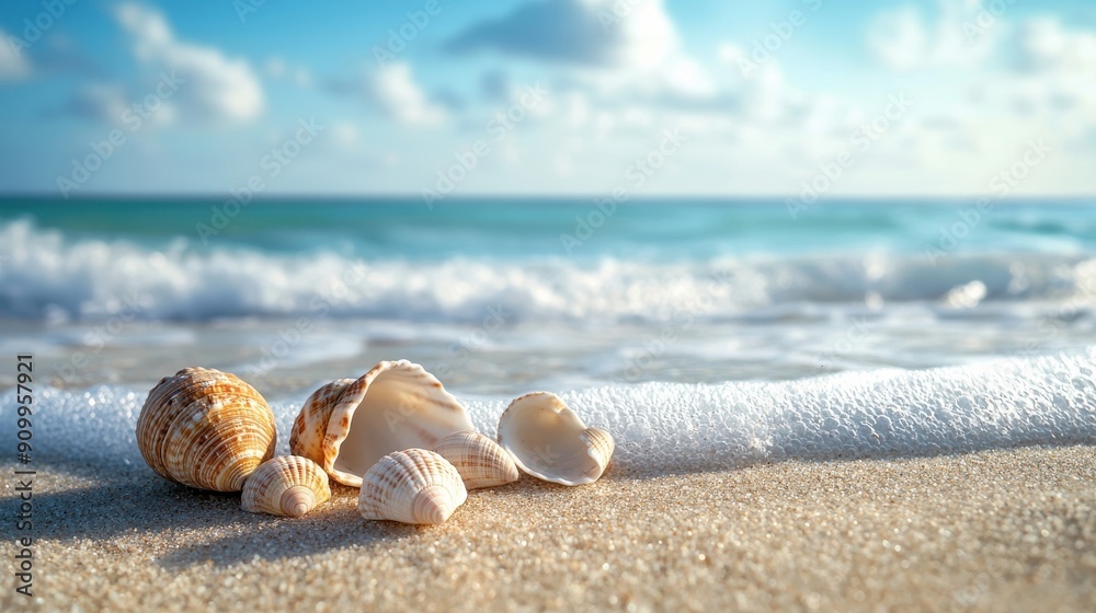 Obraz premium photography of a serene beach with waves and seashells, style of iDea24club