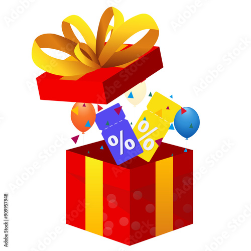 gift box with a discount voucher or coupon as a percentage of the sale, confetti, Holiday sale, bonus program offer. Vector illustration