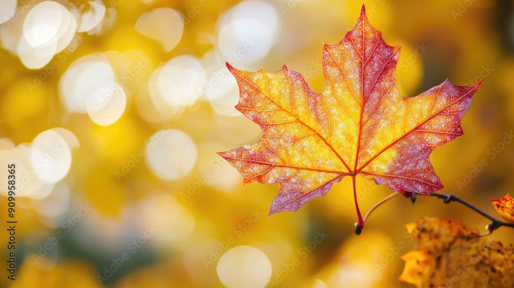 Close-up of red autumn leaf with golden bokeh background Close-up of red autumn leaf with golden bokeh background